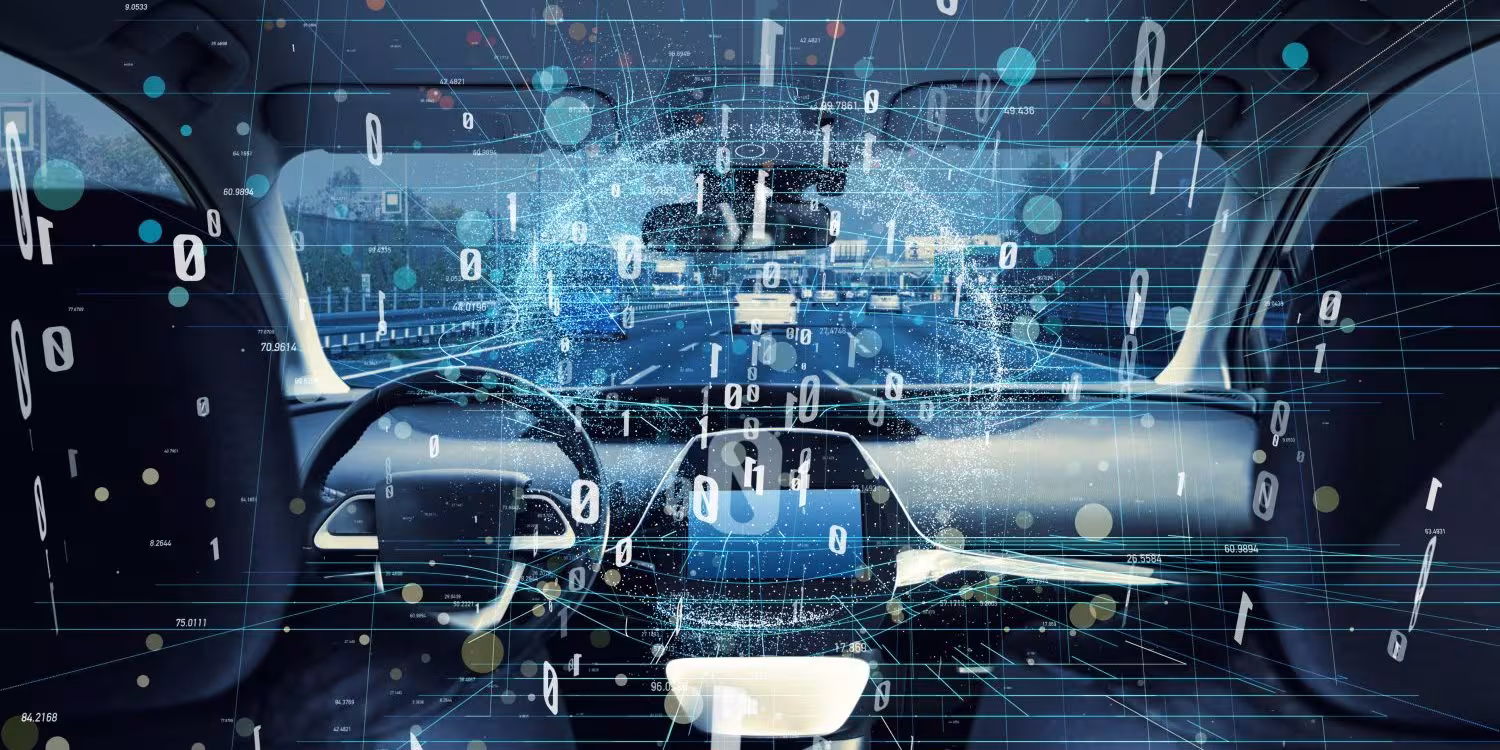 Futuristic shutterstock image of the inside of a car with numbers and grids